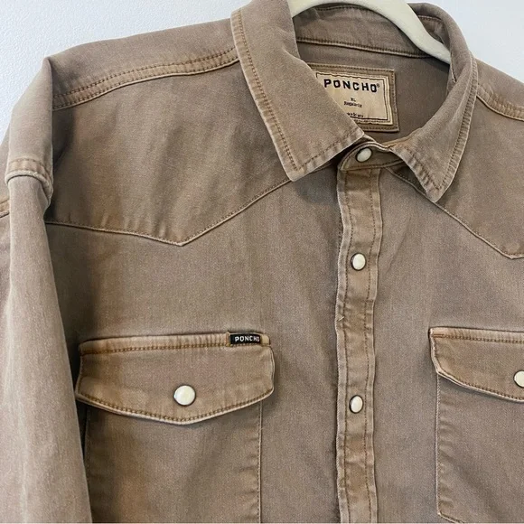 Poncho Cotulla Performance Denim Western Pearl Snap Shirt BrownWorkwear Outdoors - Picture 9 of 13
